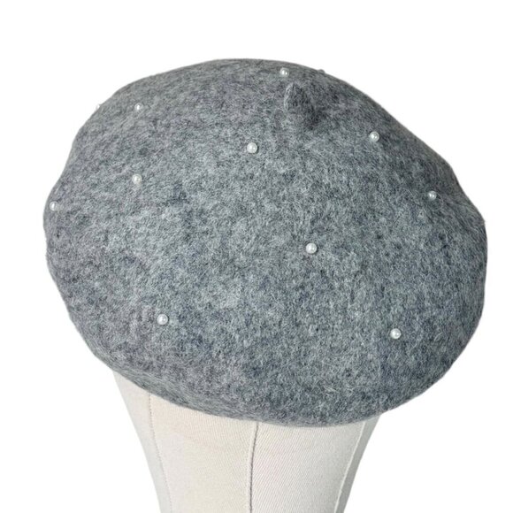 NEW Beret Hat Gray Wool Felt Beaded Embellished Rhinestones Pearls Coquette 90s - Picture 7 of 12